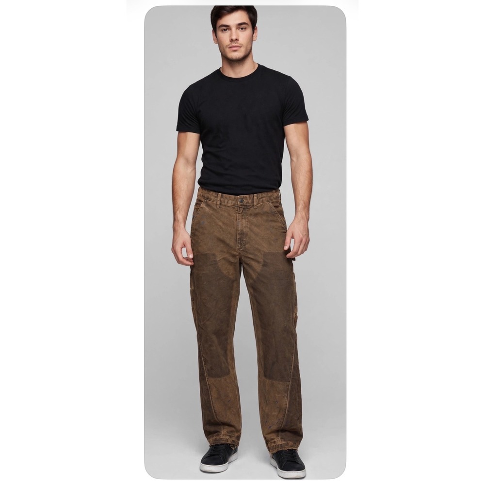 Zara‎ Mens Brown Distressed Double Knee Carpenter Pants Paint Splatter Size 31